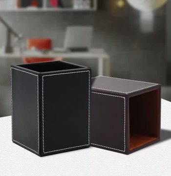 Premium Minimalist Pen Holder with Custom Logo, Leather Square Desktop Organizer, Business Desk Accessory