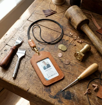 Minimalist Premium Vegetable-Tanned Full-Grain Leather ID Badge Holder with Lanyard, Work Access Card & Transit Card Case