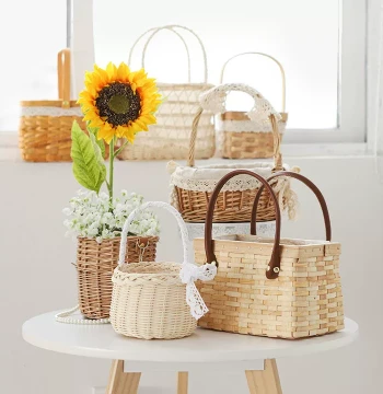 Grand Opening Mini Flower Basket, Woven Rattan Handheld Arrangement, Fresh Flower Bamboo Basket for Home Decor and Flower Girls