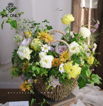 Weiyi Moon Flower Basket Rattan Woven Korean Style Flower Arrangement Basket Dragon Boat Festival Floral Packaging Fresh Flower Handheld Basket Supplies