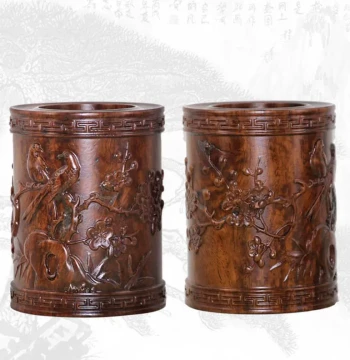 Selected Black Catalpa Wood Brush Holder Wood Carving Eight Horses Plum Blossom Gift Study Decor for Organizing Brushes