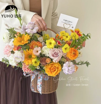YUHO Dark Series Flower Basket, Fresh Flower Arrangement Handheld Basket, Rattan-Woven Fruit DIY Florist Packaging Materials