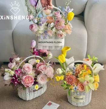 Xinsheng Handcrafted Flower Basket Series - White Rattan Woven Handheld Gift Basket for DIY Floral Arrangements and Bouquets