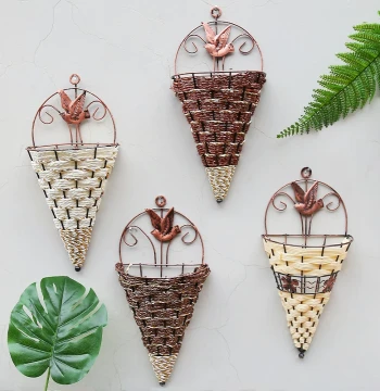 Artificial Flower Vases, Pots, and Baskets with Wrought Iron and Rattan Wall-Mounted Decor