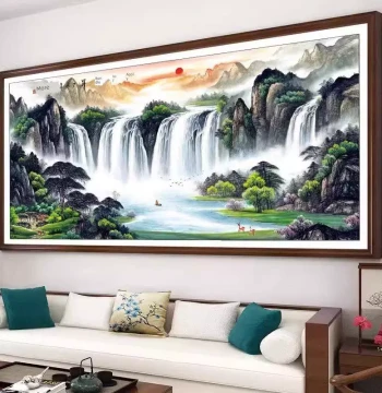 Sunrise Wealth Edition Pure Handmade Cross-Stitch Finished Product, New Living Room Study Landscape Painting, Already Stitched