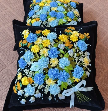 Pair of Hand-Finished Ribbon Embroidery Pillows: Qingya (Includes Pillow Inserts), Wedding Gift Pillows, Not Cross-Stitch