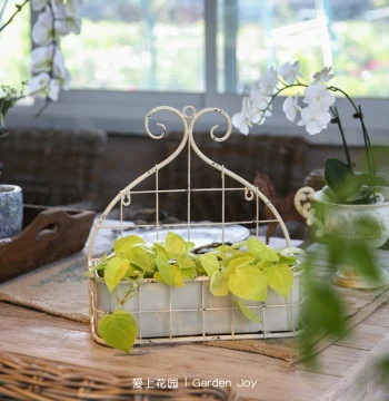 Fall in Love with Garden | Gardening Sundries, Courtyard Decor Wrought Iron Rectangular Woven Distressed Beige Double-Layer Wall Basket