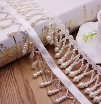Handmade Beaded Tassel Lace for DIY Ethnic Hanfu Accessories, Pearl Trim with Pendant Beads
