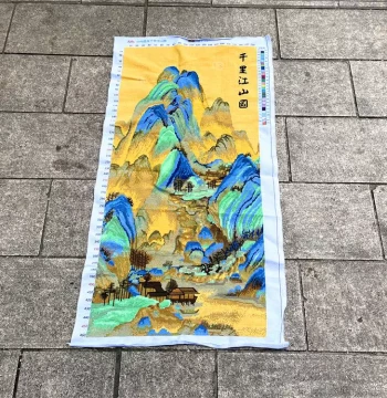 Tu Mama Pure Handmade Cross-Stitch Finished Product, Vertical 'A Thousand Li of Rivers and Mountains', Full Stitch, Living Room Landscape Painting