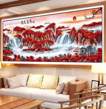2025 New Thread Embroidery Good Fortune Cross-Stitch Finished Machine Embroidery Flowing Water Brings Wealth Pure Hand Living Room Landscape Painting
