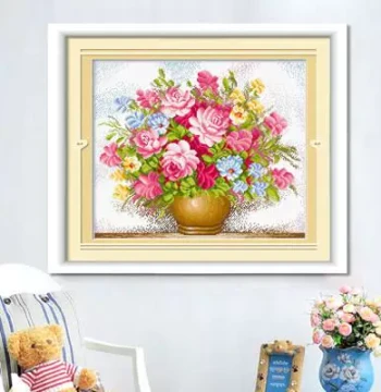 Framed Hand-Embroidered Cross-Stitch Finished Art: Pink Rose in Vase for Dining Room & Bedroom Decor