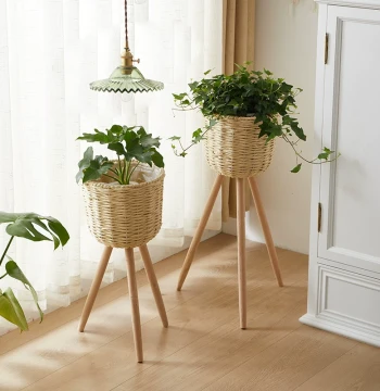 Woven Floor Flower Stand Solid Wood Flower Basket Living Room Balcony Minimalist Rattan Pot Holder Decor Nordic Style
