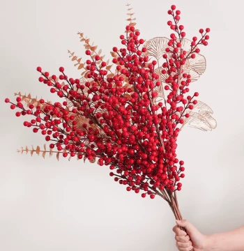 Artificial Fortune Berries and Red Holly Fruits - Home Living Room Decor, New Year Floral Arrangement, Table Ornament, and Christmas Decoration