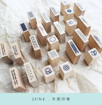 moodtape. Small Wooden Rubber Stamp Set - Round, Grid, Square English Designs, Cute Retro Mood Journal Stamps
