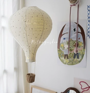 milky Nordic Style Children's Room Handmade Fabric Hot Air Balloon Hanging Ornament, Night Light Decor