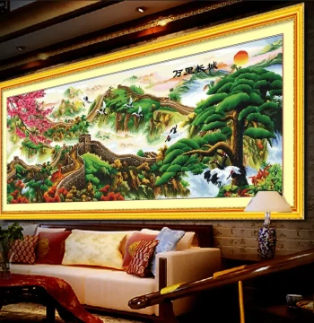 Handmade Great Wall Cross-Stitch Finished Product, Machine-Embroidered Landscape, 2-Meter Guest-Greeting Pine, New Large Living Room Landscape Painting