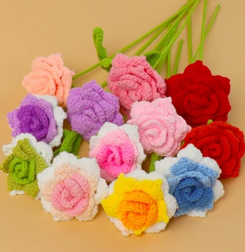 Handmade Finished Simulation Pointed Rose Yarn Knitted Flowers, Crochet Semi-Finished Bouquet Gifts