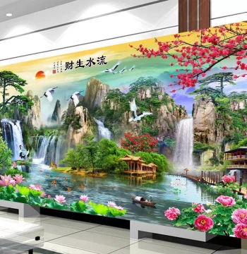 Handmade Cross-Stitch Finished Product: Flowing Water Brings Wealth, Abundant Fortune, Rolling Wealth, New Living Room Landscape Hanging Painting