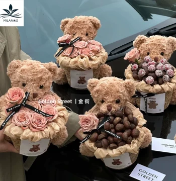 Viral Chestnut Bear Hug Bucket, Fairy's Kiss Woven Basket, Fresh Flower and Chestnut Bouquet, Handmade DIY Gift Box