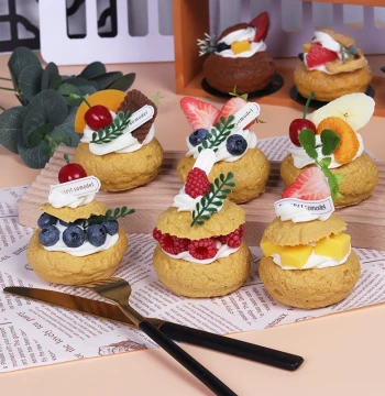 Artificial Cake, Fruit, Cream Puff Models for Dessert Display, Photography Scene Setup, and Food Props
