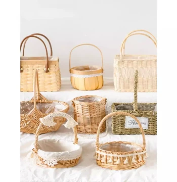 Handwoven Rattan Flower Basket with Handle for Floral Arrangements, Fruit, and Fresh Flowers; Small Bamboo Weaving Basket for Bouquet Materials