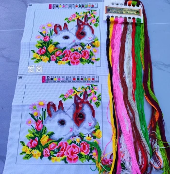 2023 New Rabbit Cross-Stitch Small Cushion Flower Pair, Fabric Pieces 23*23, DIY Embroidery, Suitable for Bag Decoration