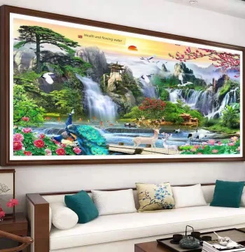 Finished Handmade Cross-Stitch Art - Flowing Water Wealth, Welcoming Pine, and Peacock