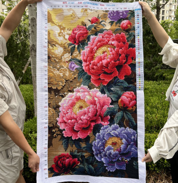 Handmade Cross-Stitch Finished Artwork: New Blooming Peonies in Rich Colors, Vertical Hallway Decorative Hanging Painting