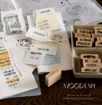 moodtape Mini Wooden Rubber Stamps Featuring Flowers, Bottles, Jars, Cups, and Plates; Cute Basics for Hand Journaling