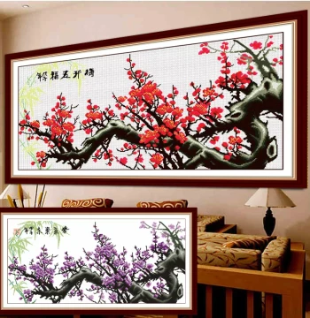 2025 New Five Blossoms Bring Fortune Cross-Stitch Finished Artwork: Pure Handmade 'Purple Energy from the East' Large Living Room Painting, Ready to Sell