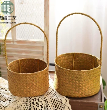 Nordic Woven Grass Flower Basket, Handheld Decorative Arrangement for Fresh or Dried Flowers, Wedding Seagrass Basket, Storage Basket
