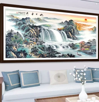 Handmade Cross-Stitch: Rising Sun, Flowing Water, Wealth, Landscape Painting for Living Room Framed Wall Art