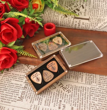 Walnut Guitar Pick Box Set - Solid Wood Thin Base Holder for Acoustic and Electric Guitar Picks (Gift Set)