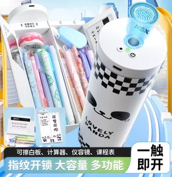 TikTok Cherry Blossom Quicksand Pencil Case, Viral Smart Student Fingerprint Password Lock Stationery Box, Multi-Functional Cylindrical Creative Design for Boys and Girls