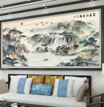 Pre-Embroidered 100% Handmade Cross-Stitch Finished Product, Dwelling in the Fuchun Mountains Landscape Painting, Flowing Water Brings Wealth New Design