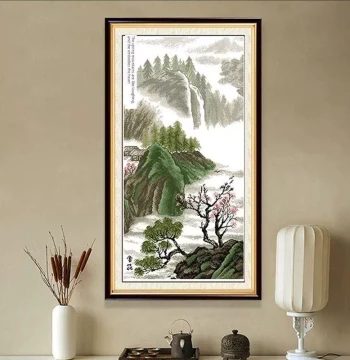 Handmade Cross-Stitch Finished Artwork: Spring Mountain with Laughter and Joy, Hanging Landscape Painting for Living Room Entrance