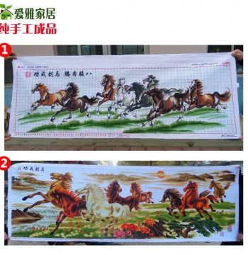 Finished Eight Horses Cross-Stitch - Pure Handmade 'Success Immediately' Artwork for Living Room, 2021 Cotton Fabric