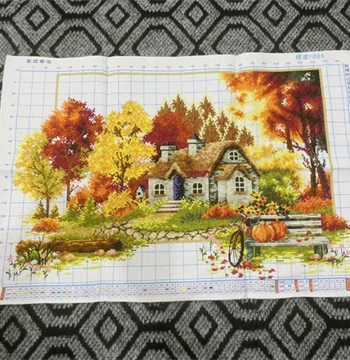 Handmade Cross-Stitch Finished Artwork - Four-Panel Landscape Series (Spring, Summer, Autumn, Winter) for Living Room Decor