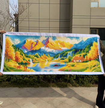 Sunshine on Golden Mountain Hand-Embroidered Cross-Stitch Finished Product, New Fortune & Prosperity Mountain View, Living Room Landscape Wall Art