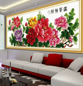 2025 New Thread Embroidery Cross-Stitch: Peony Blooms Symbolizing Wealth - 100% Hand-Stitched Finished Large Wall Art for Living Room