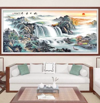 Handmade Finished Cross-Stitch Sunrise Landscape Scenery Living Room Office Decor Wall Art Framed