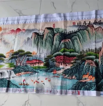 Handmade Finished Cross-Stitch: 'Dwelling in the Fuchun Mountains', 'Mountain Backdrop' – New Chinese Style Landscape Feng Shui Art, Frameable
