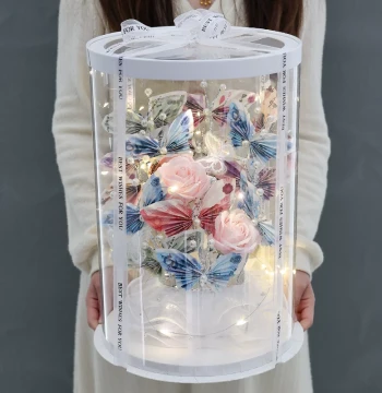 520 Valentine's Day Creative DIY Craft Kit, Butterfly Round Gift Box with Artificial Flower Bouquet, Birthday Gift for Girlfriend