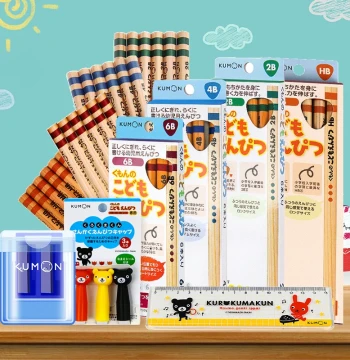KUMON Japanese Imported Triangular Pencils (6-Pack HB) with Corrective Sharpener, Pencil Cap, and Grip