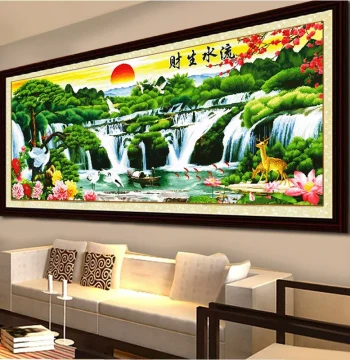 2025 New Pre-Embroidered Cross-Stitch Finished Product, Flowing Water Wealth Machine Embroidery, Guest-Greeting Pine Living Room Landscape Scenery