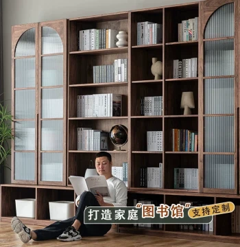Custom Solid Wood Floor-to-Ceiling Bookshelf for Living Room or Study, Projection Combo Cabinet with Bench Seat, Black Walnut Customization