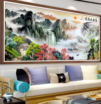 Finished Cross-Stitch Art - Handmade 'Dwelling in the Fuchun Mountains' Landscape Painting for Chinese Living Room Decor