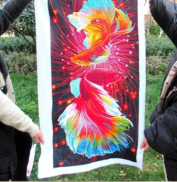 2023 New Cross-Stitch Finished Artwork – Koi Fish 'Abundance Year After Year', Handmade or Machine Embroidered, Vertical Panel for Living Room or Entryway, Various Sizes
