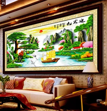 Handmade Cross-Stitch Finished Product: Flowing Water Brings Wealth, Welcoming Pine, Prosperity Edition, New Abundant Resources Style, Living Room Landscape Scenery