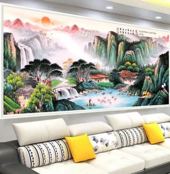 Handmade Embroidered Artwork: 'Dwelling in the Fuchun Mountains' Landscape Painting for Living Room Sofa Background Wall (Framed)